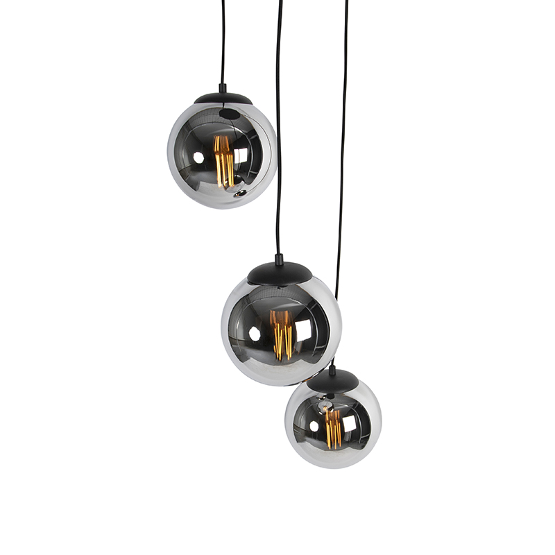 suspension art déco noire avec verre fumé 3 lumières - pallon