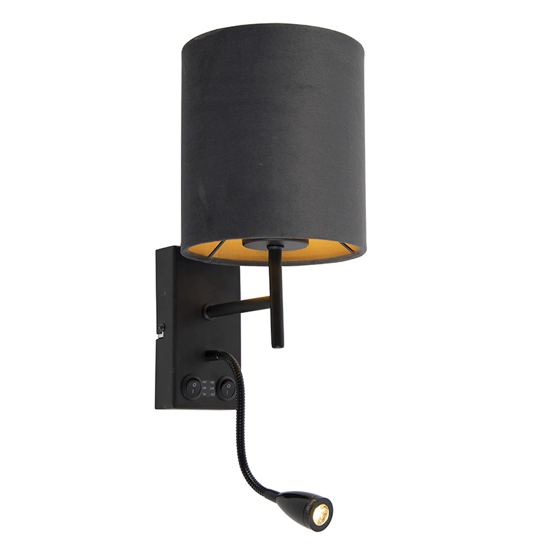 Nástenná lampa v štýle Art Deco čierna so zamatovým tmavosivým odtieňom - Stacca