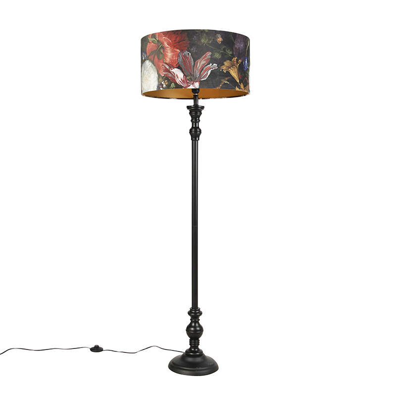 Stojacia lampa čierna s plyšovým tienidlom Kvety zlaté 50 cm - Classico