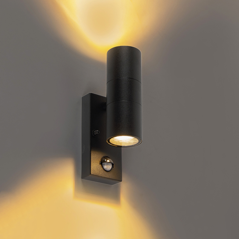 Buitenwandlamp zwart met bewegingssensor IP44 - Duo Buitenwandlamp zwart met bewegingssensor IP44 - Duo